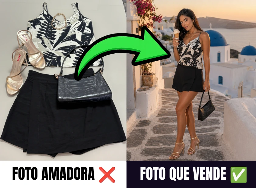 Antes e depois de uma foto amadora transformada em uma foto profissional com múltiplos produtos, modelo em Mykonos na Grécia